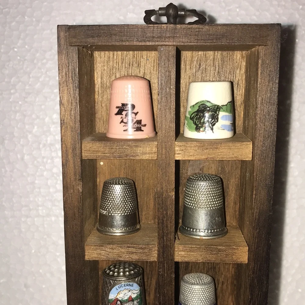 Wooden Thimble Display Case with Assorted Thimbles